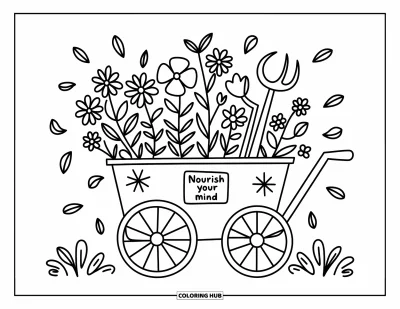 Coloriage de santé mentale pour adultes : Un chariot de fleurs plein de corolles avec une étiquette disant « Nourish your mind »