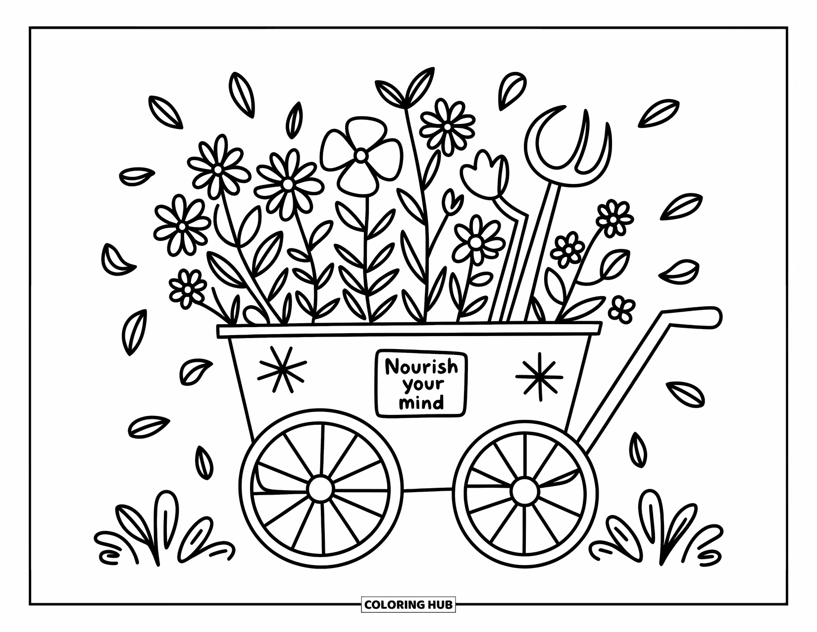 Mental Health Coloring Page for Adults: Flower cart full of blooms with a tag that says "Nourish your mind