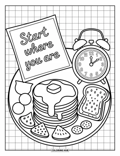 Coloriage de santé mentale pour adultes : De moelleux pancakes et du pain grillé avec une serviette qui dit « Start where you are »