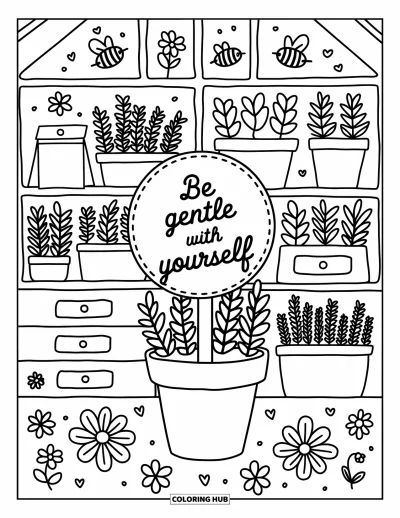 Coloriage de santé mentale pour adultes : Des herbes et des sachets de graines dans une serre avec un doux message bienveillant