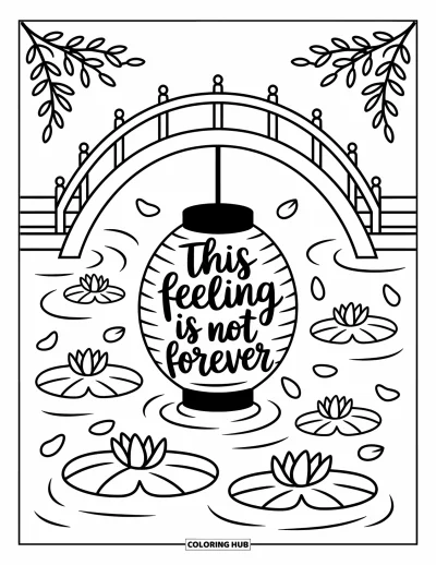 Coloriage de santé mentale pour adultes : Un bassin à koïs avec des cerisiers en fleurs et une lanterne aux mots apaisants