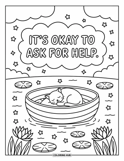 Coloriage de santé mentale pour adultes : Une barque paisible sur un lac avec un chat et un message réconfortant
