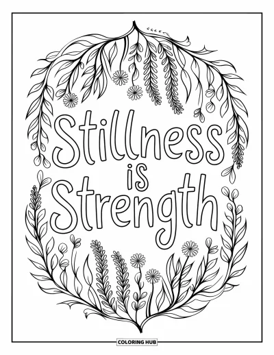 Coloriage de santé mentale pour adultes : Un mandala apaisé de feuilles retombantes murmure « Stillness Is Strength »