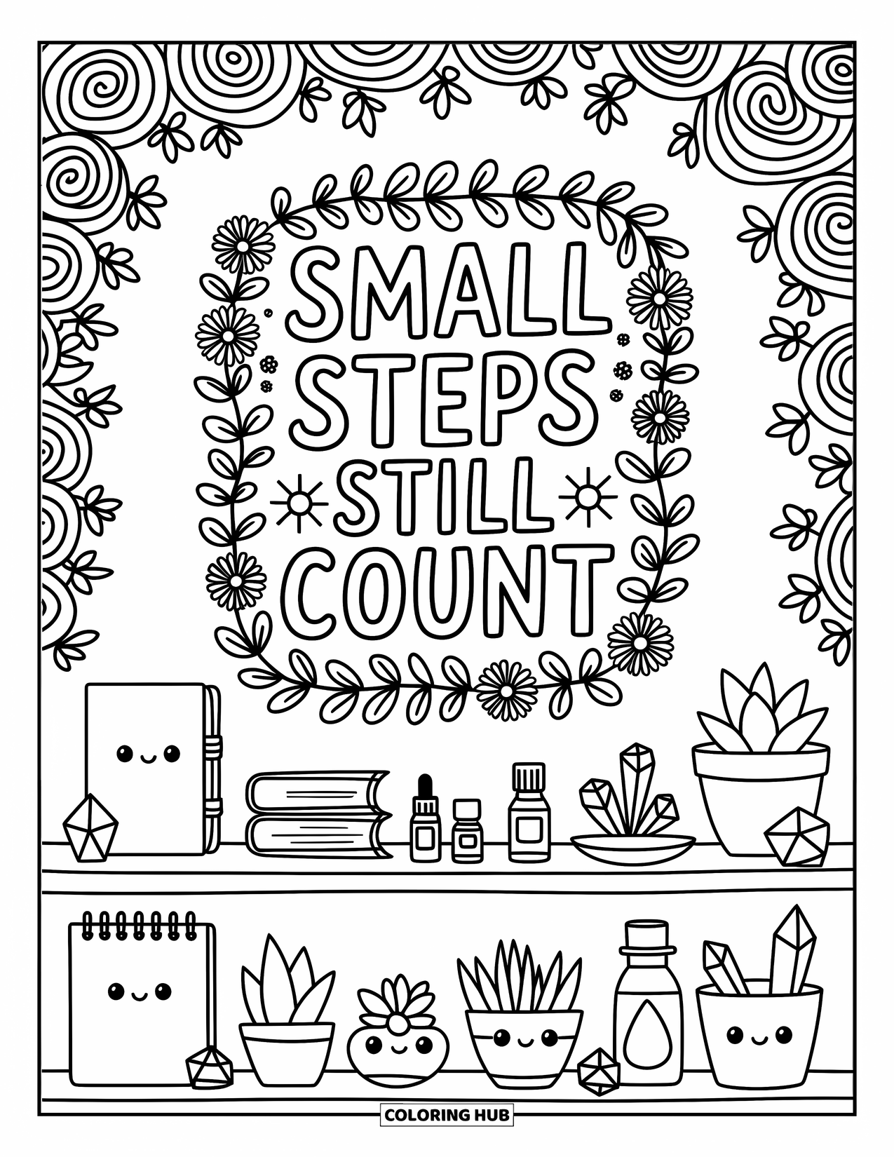 Mental Health Coloring Page for Adults: Self-care shelf with journals, crystals, and a sign saying "Small steps still count