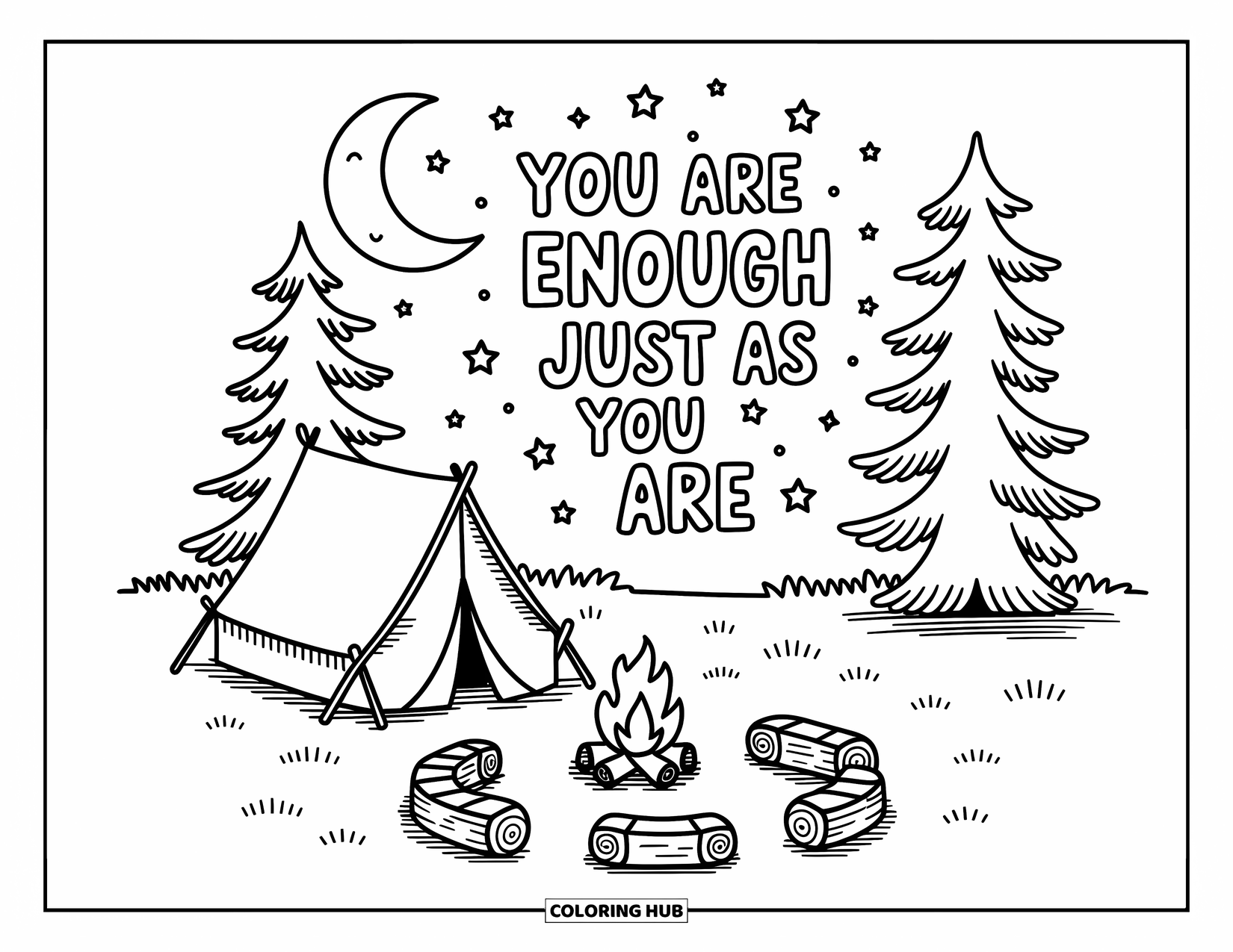 Mental Health Coloring Page for Adults: Tiny tent and starry sky with the words "You are enough just as you are