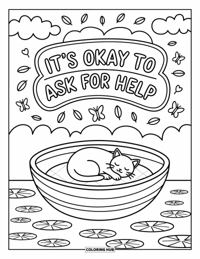 Coloriage de santé mentale pour adultes : Une barque tranquille avec des papillons et les mots « Its okay to ask for help »