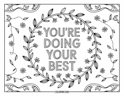 Coloriage de santé mentale pour adultes : Un mandala enveloppé de lianes rappelle discrètement « You're Doing Your Best »