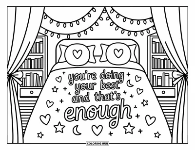 Coloriage de santé mentale pour adultes : Une chambre fantaisiste avec des guirlandes de cœurs et un rappel à la bienveillance envers soi