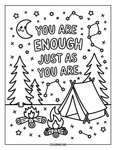 Coloriage de santé mentale pour adultes : Un campement fantaisiste sous les étoiles avec des mots sur l'estime de soi