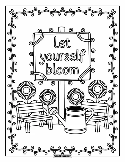 Coloriage de santé mentale pour adultes : Un banc de jardin fantaisiste entouré de fleurs épanouies et de mots inspirants