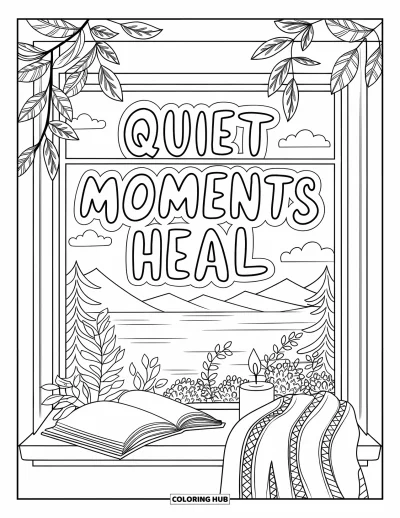 Coloriage de santé mentale pour adultes : Une vue de fenêtre avec des plantes et un papier disant « Quiet Moments Heal »