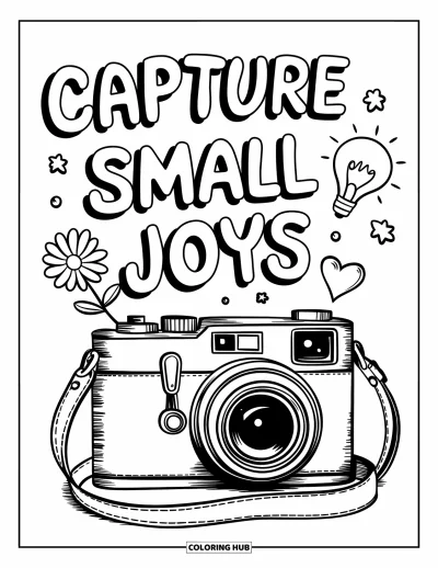 Coloriage de santé mentale pour enfants : Une scène chaleureuse avec un appareil photo et le texte en bulles « Capture Small Joys »