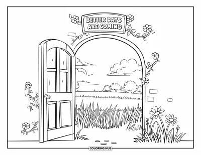 Coloriage de santé mentale pour enfants : Un chemin ensoleillé à travers les hautes herbes sous un signe annonçant des jours meilleurs