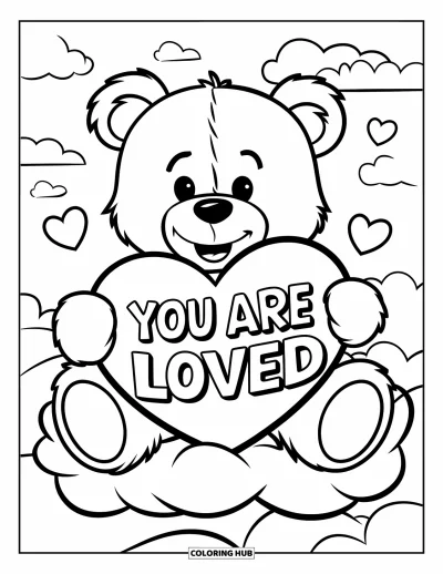 Coloriage de santé mentale pour enfants : Un ours avec un cœur et des nuages partage le message affectueux « You Are Loved »