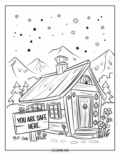 Coloriage de santé mentale pour enfants : Un chalet et un paysage fleuri portent le message « You Are Safe Here »