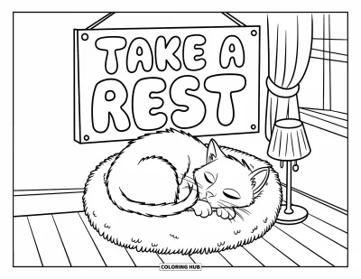 Coloriage de santé mentale pour enfants : Un chat sommeille dans un lit moelleux sous les mots « Take a Rest »