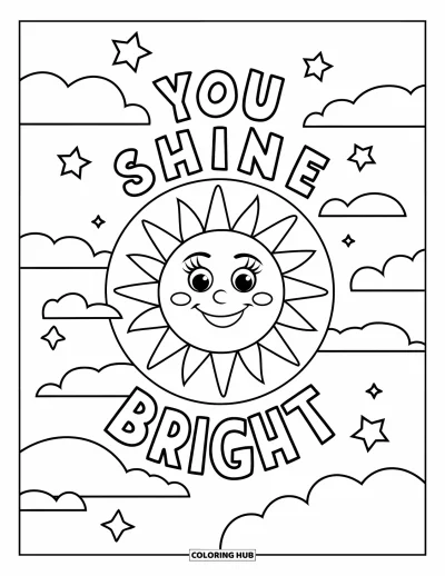 Coloriage de santé mentale pour enfants : Un soleil joyeux rayonne sous le message « You Shine Bright »