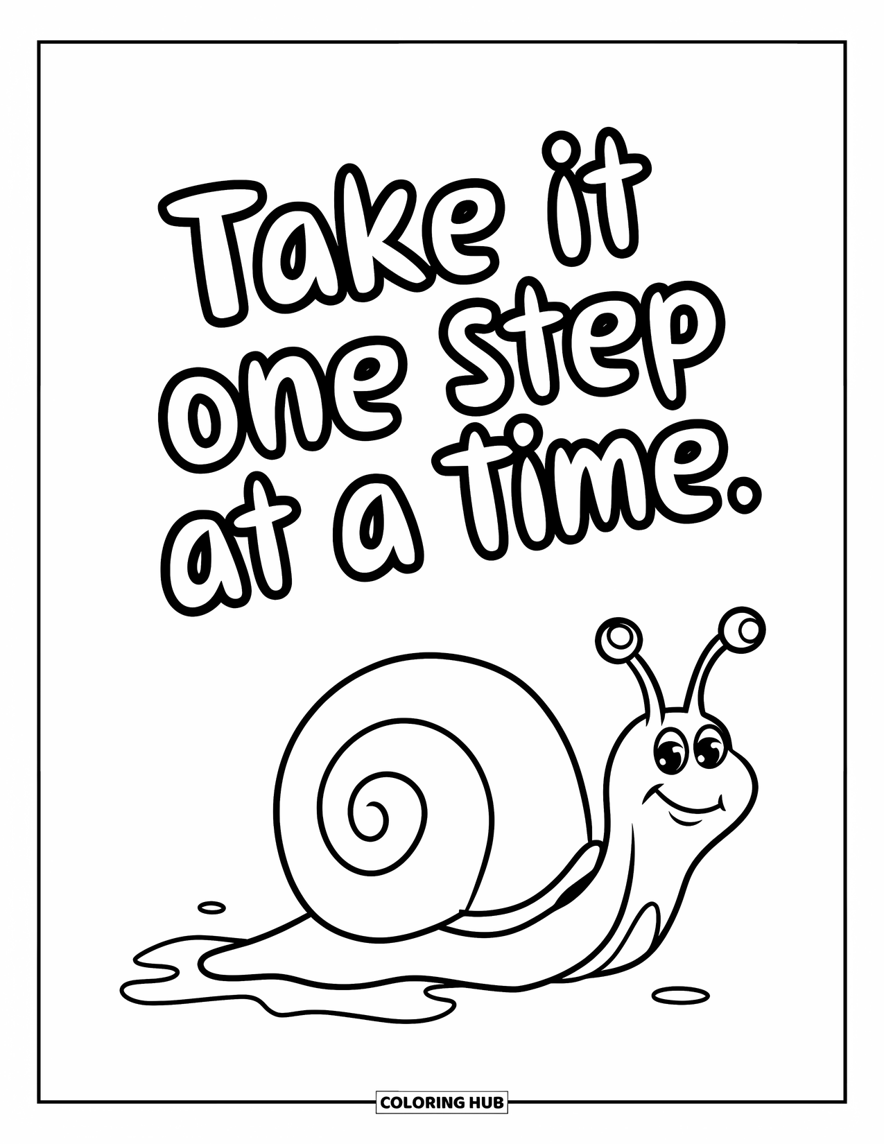 Mental Health Coloring Page for Kids: Crawling snail and a gentle message about moving at your own pace