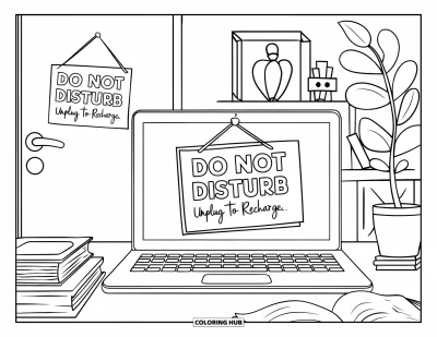 Coloriage de santé mentale pour enfants : Un bureau avec des plantes et des panneaux indiquant « Do Not Disturb » et « Recharge »