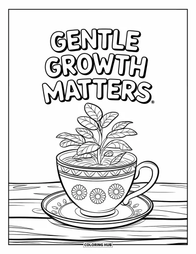 Coloriage de santé mentale pour enfants : Une plante fleurie dans une tasse à thé encourage la croissance douce et le soin de soi