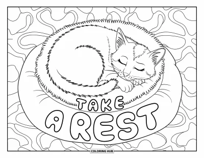 Coloriage de santé mentale pour enfants : Un lit douillet pour chat et le message bien visible « Take a Rest » pour une atmosphère apaisante