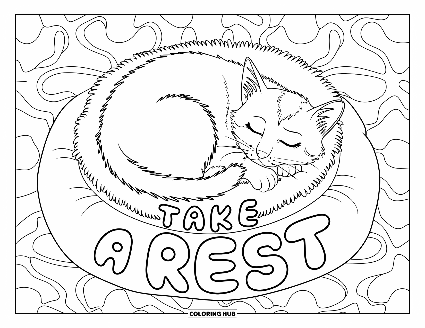 Mental Health Coloring Page for Kids: Fluffy cat bed and bold "Take a Rest" message for cozy vibes