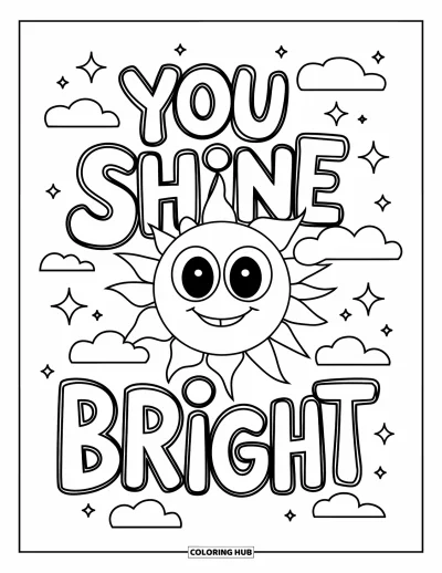 Coloriage de santé mentale pour enfants : Un soleil rayonnant avec un grand sourire et la phrase « You Shine Bright »