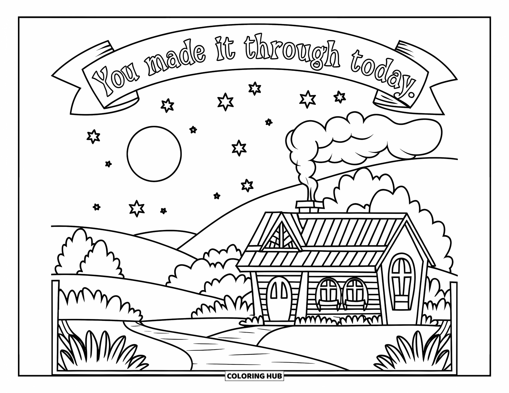 Mental Health Coloring Page for Kids: Moonlit cottage scene celebrating that you made it through today