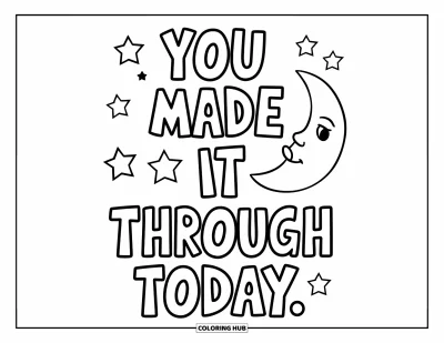 Coloriage de santé mentale pour enfants : Un ciel nocturne étoilé avec la lune et le message « You Made It Through Today »