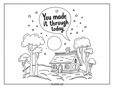 Coloriage de santé mentale pour enfants : Une lune paisible et des étoiles avec un rappel de la force du quotidien