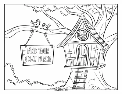 Coloriage de santé mentale pour enfants : Une cabane dans les arbres paisible avec un panneau qui dit « Find Your Cozy Place »