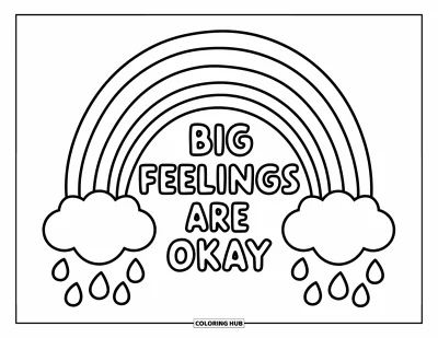 Coloriage de santé mentale pour enfants : Un arc-en-ciel et des gouttes de pluie en forme de cœur rappellent qu'il est normal de ressentir de grandes émotions