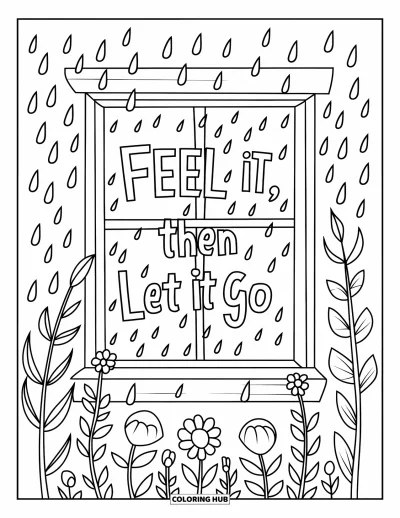 Coloriage de santé mentale pour enfants : Une fenêtre sous la pluie avec les mots « Feel It, Then Let It Go » inscrits sur la vitre