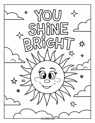 Coloriage de santé mentale pour enfants : Un soleil souriant et des nuages rayonnent avec la phrase « You Shine Bright »