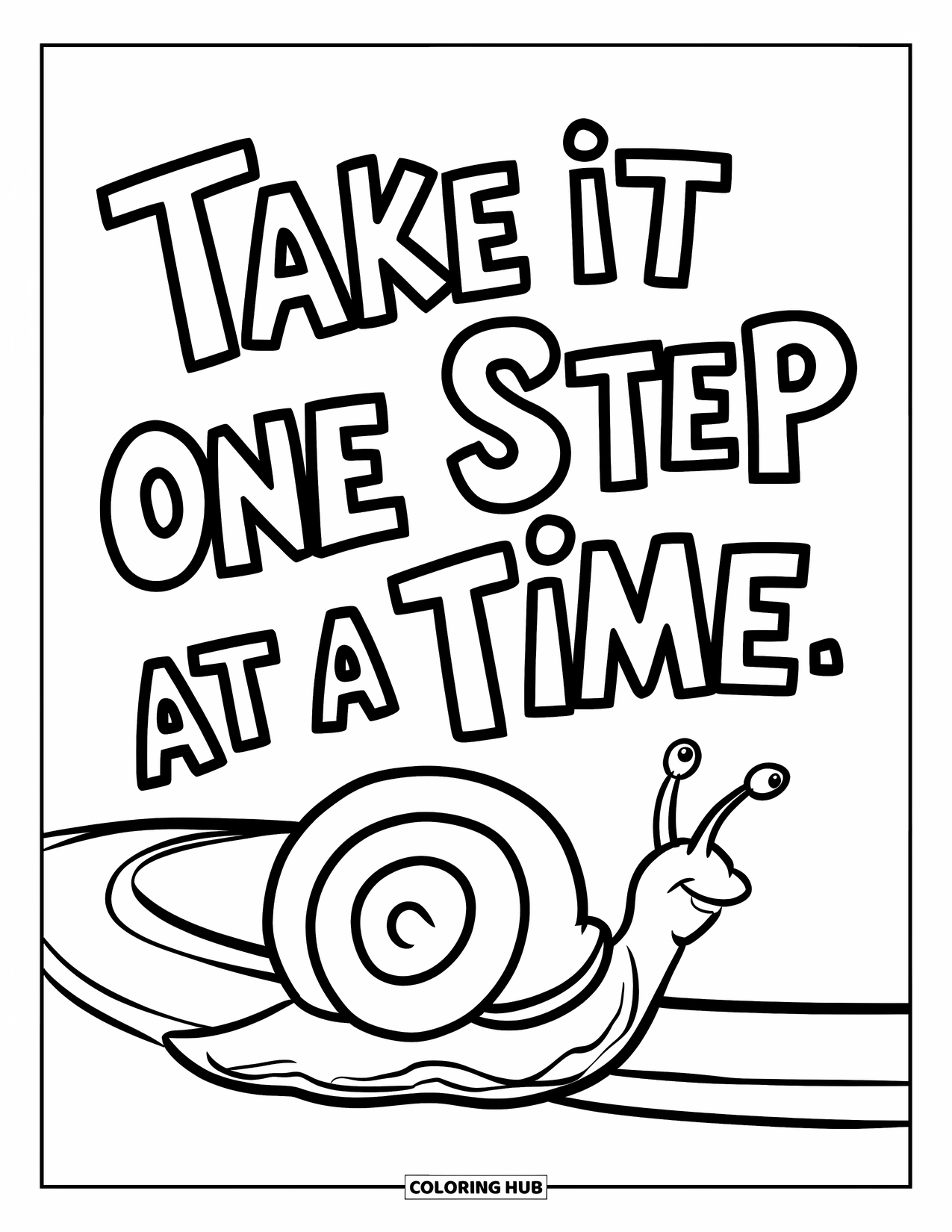 Mental Health Coloring Page for Kids: Snail on a winding path with the phrase "Take It One Step at a Time