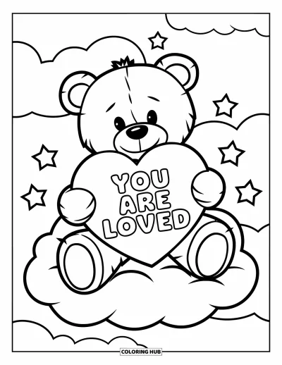 Coloriage de santé mentale pour enfants : Un ours en peluche tout doux tient un cœur au-dessus des nuages avec des mots bienveillants