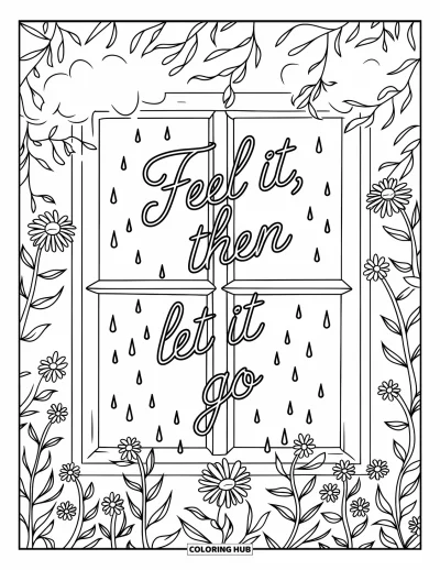 Coloriage de santé mentale pour enfants : Une fenêtre avec des gouttes de pluie et un message serein sur le lâcher-prise