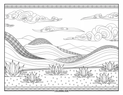 Coloriage Mexique pour adultes : une scène de désert calme avec des montagnes à motifs, des cieux tourbillonnants et des plantes épineuses