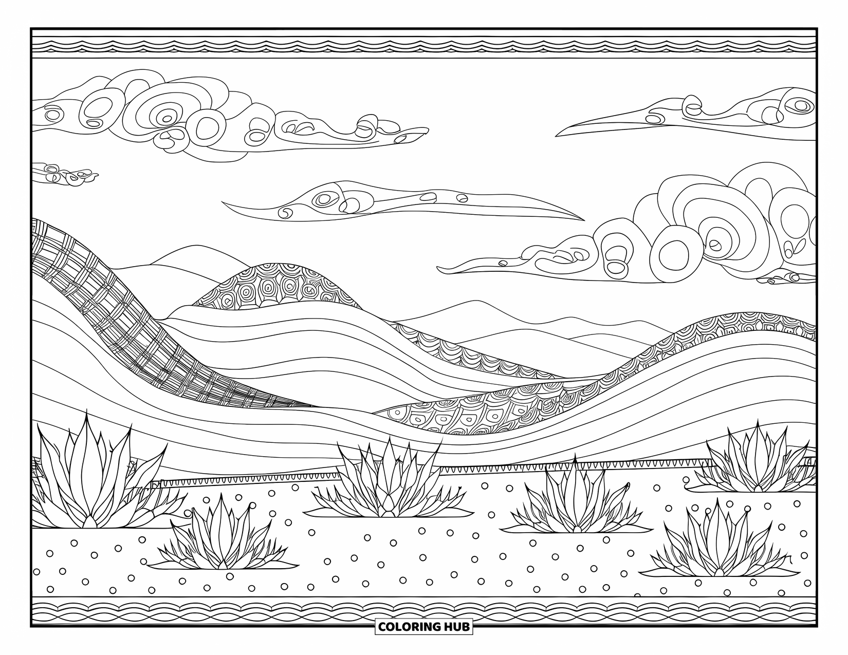 Desenho do México para colorir para adultos: Uma cena de deserto calma com montanhas estampadas, céus rodopiantes e plantas espinhosas