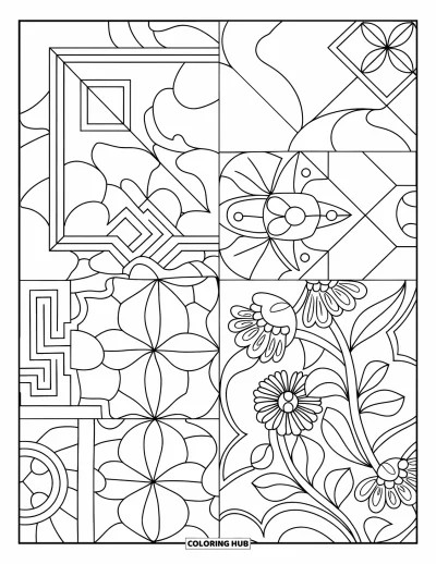 Coloriage Mexique pour adultes : un collage de carreaux de Talavera avec des motifs floraux et géométriques