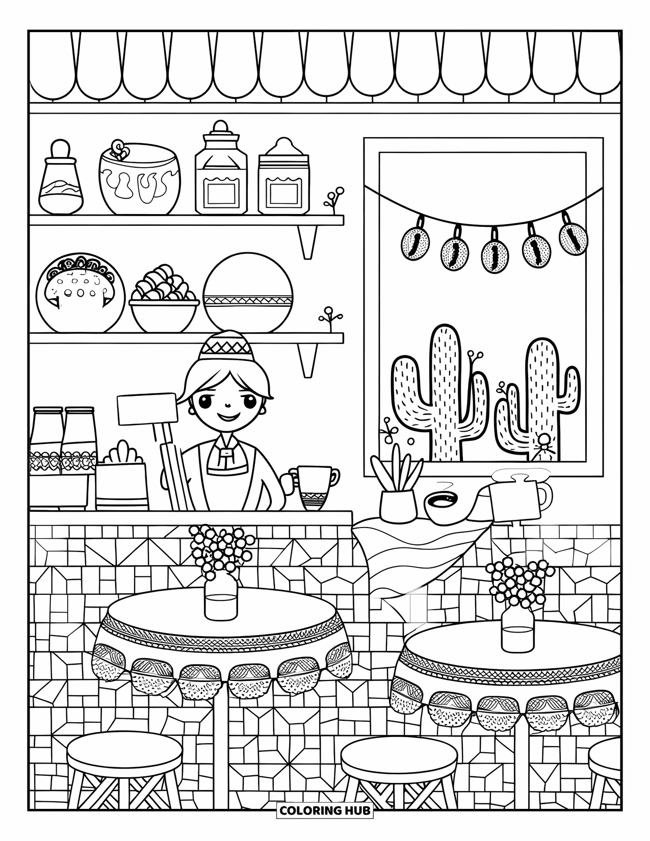 Desenho do México para colorir para adultos: Um café de esquina servindo café de olla, pan dulce e vistas aconchegantes de cactos