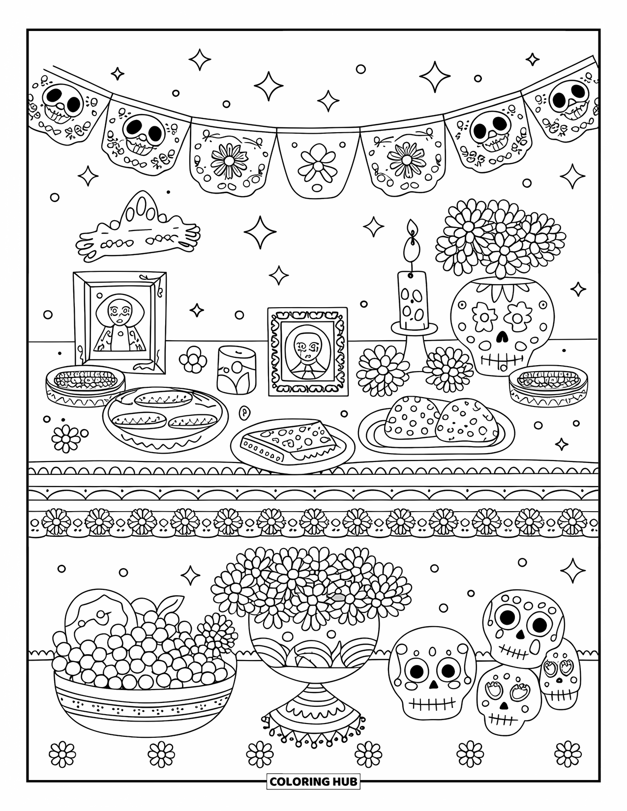 Desenho do México para colorir para adultos: Um altar aconchegante com velas, frutas e decorações florais suaves