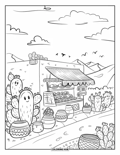 Coloriage Mexique pour adultes : une boutique de désert confortable avec des collations, des plantes souriantes et des nuages moelleux