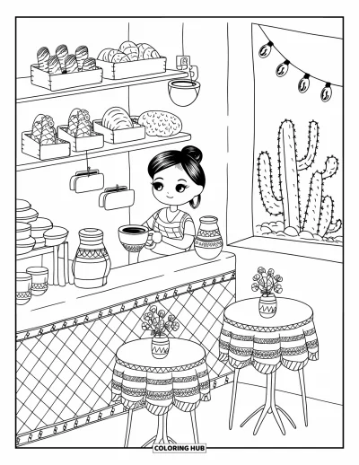 Coloriage Mexique pour adultes : un barista mignon sert du café à côté d’étagères de pan dulce et de pots suspendus