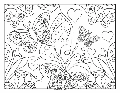Coloriage Mexique pour adultes : un motif de papel picado détaillé mettant en vedette des papillons et des cœurs