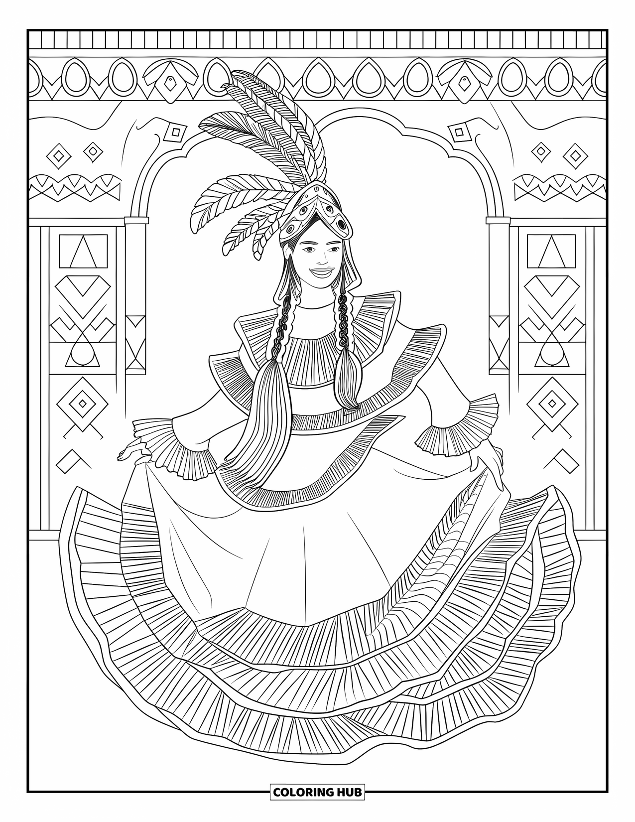 Desenho do México para colorir para adultos: Uma dançarina folclórica em penas e flores posa contra um cenário estampado