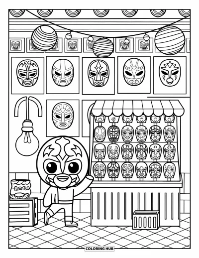 Coloriage Mexique pour adultes : une scène de ruelle amusante avec des présentoirs de masques, des lumières suspendues et des affiches de lutte