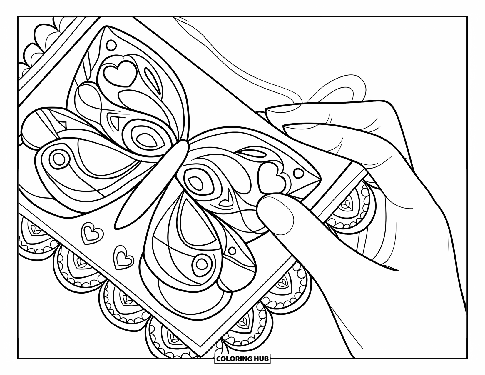 Desenho do México para colorir para adultos: Uma mão segura um papel picado com borboletas e corações no design