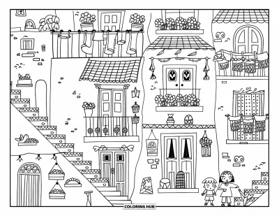 Coloriage Mexique pour adultes : un village au sommet d’une colline avec des pots de fleurs, des enfants qui jouent et de minuscules panneaux de signalisation en forme de tacos