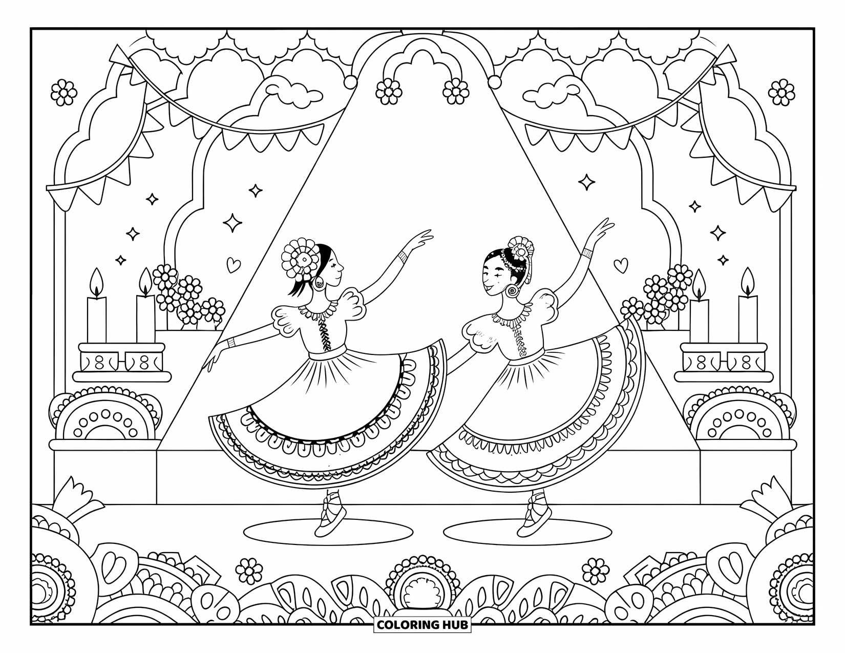 Desenho do México para colorir para adultos: Uma apresentação de palco alegre com vestidos rodopiantes, arcos e holofotes suaves